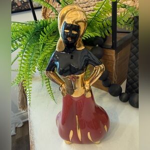 Vintage MCM Ceramic Harem Lady genie dancer Figurine in Black, Gold & Deep Red